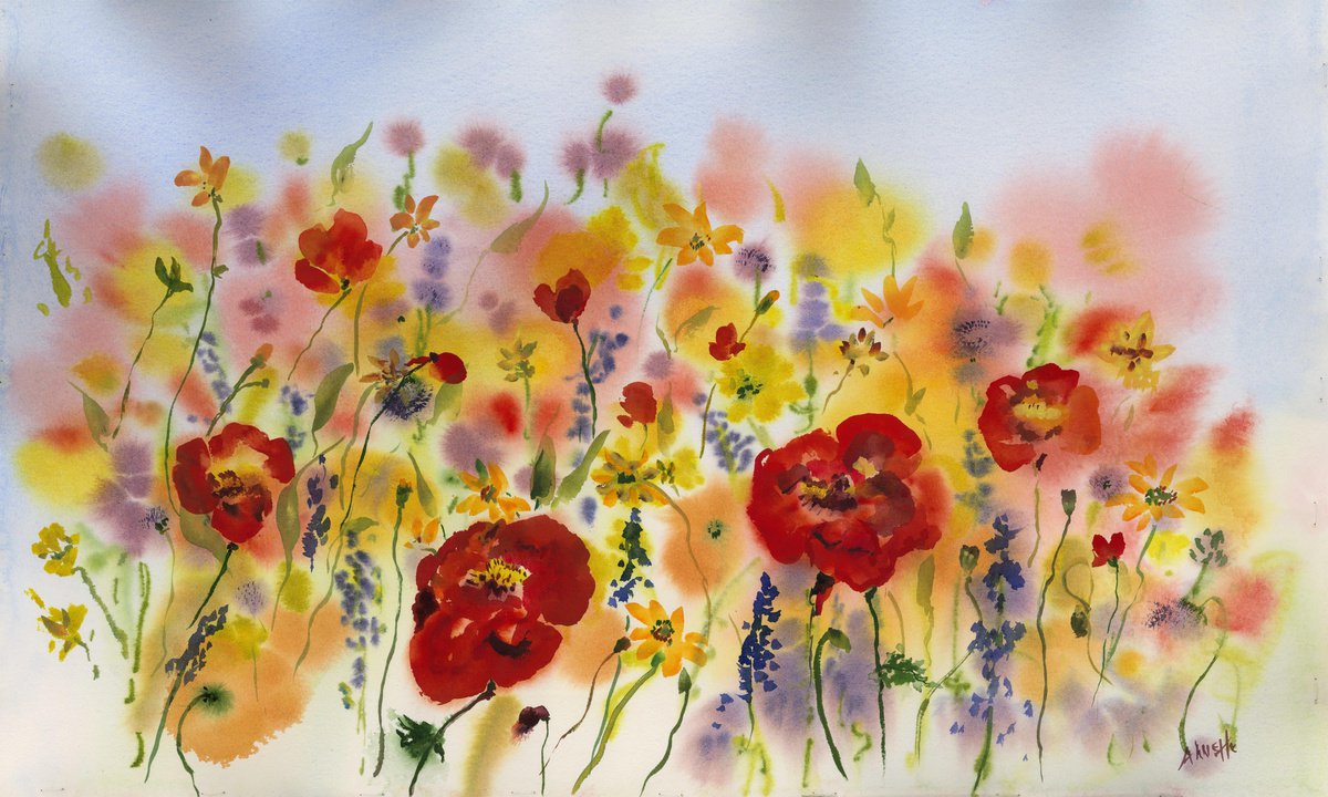 Impressionistic Botanical Watercolour By Annette Wolters, 23 X 14, French Poppies, Original Artwork