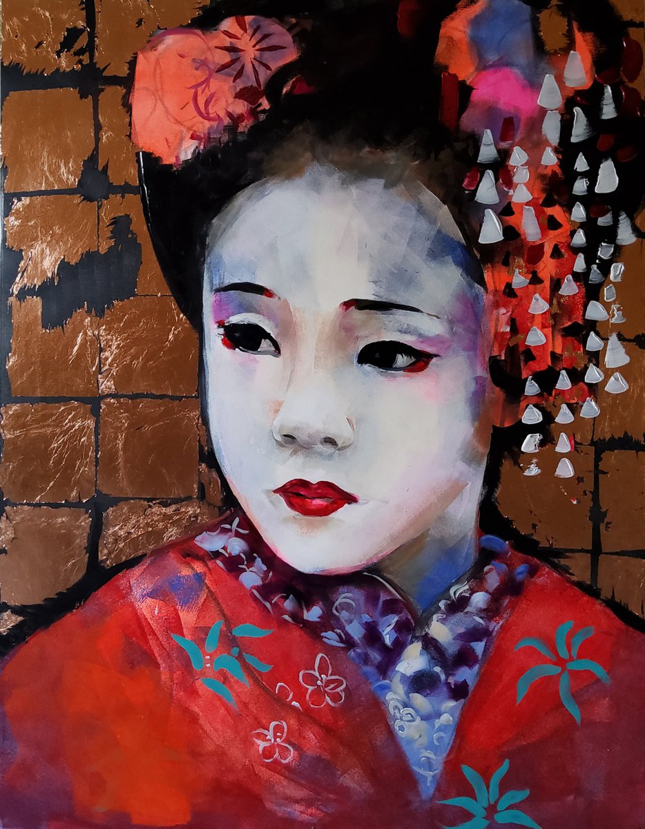 Expressive Portrait Acrylic Painting By Marina Del Pozo, 35 X 46", Young Gheisa Serie, Original Artwork