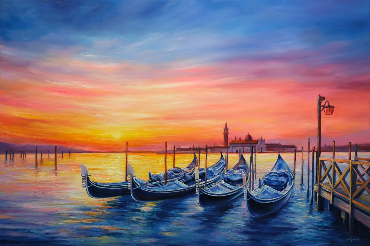 Photorealistic Cityscapes Oil Painting By Behshad Arjomandi, 59 X 39, Venice Sunset, Original Artwork