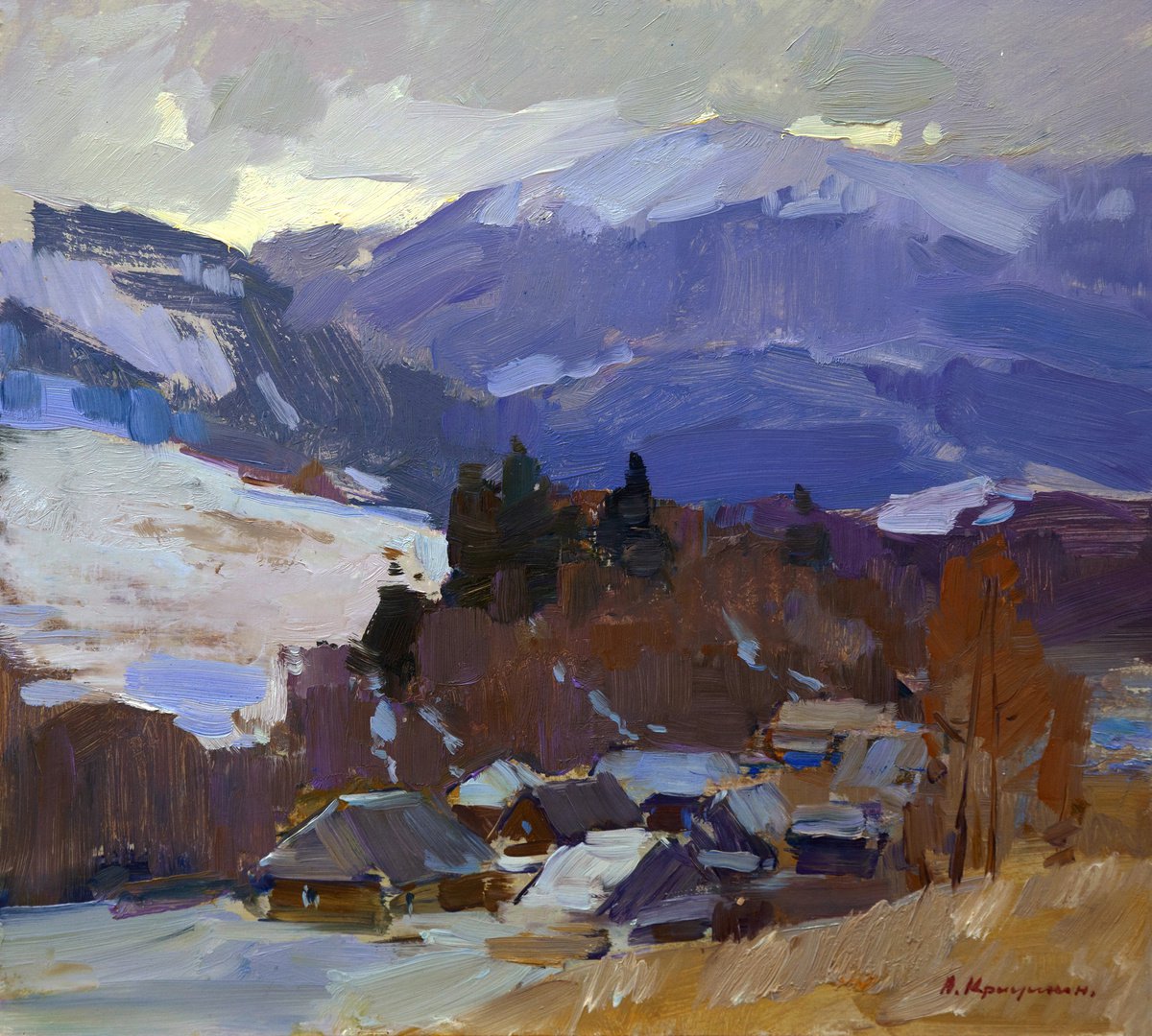 Impressionistic Landscape Oil Painting By Aleksandr Kryushyn, 18 X 16, Early Spring. Carpathians, Original Artwork