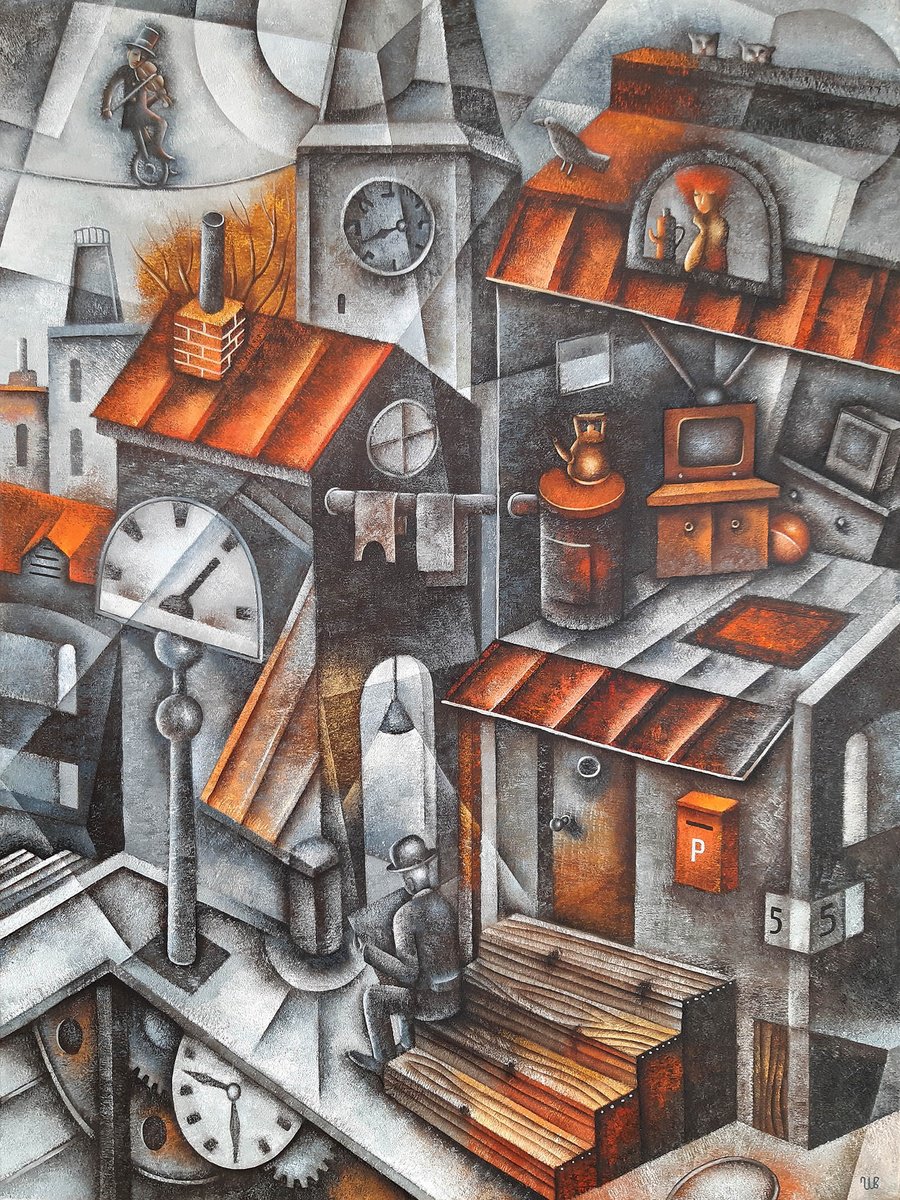 Surrealistic Cityscapes Oil Painting By Eugene Ivanov, 24 X 31, Long Past Thoughts And M., Original Artwork