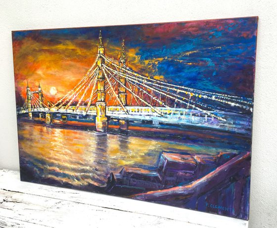 London oil painting of Sunsetting behind Albert Bridge