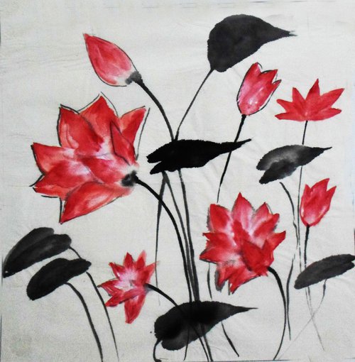 Lotus Pond - Chinese art on rice paper by Asha Shenoy