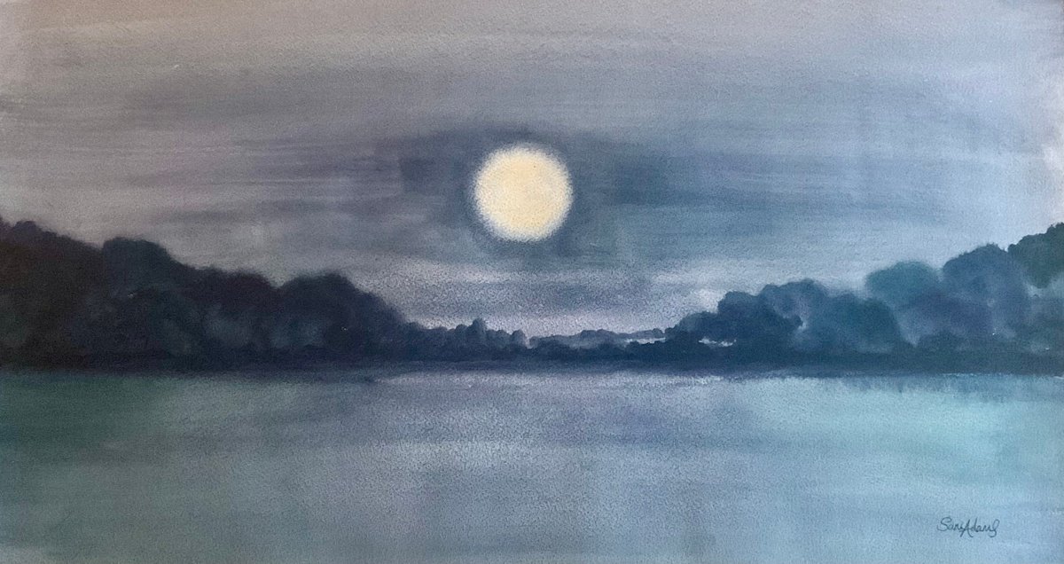 Impressionistic Watercolour , The Summer Full Moon By Samantha Adams, 28 X 15, Artwork For Sale On Artfinder