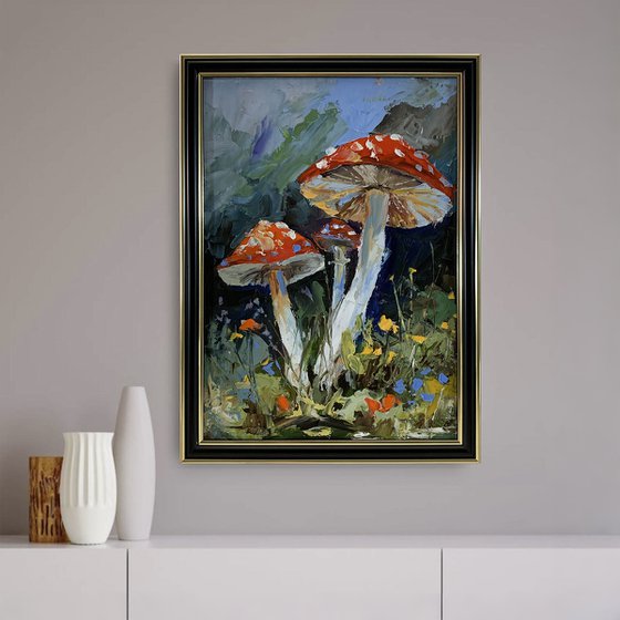 Fly agaric.Mushrooms landscape