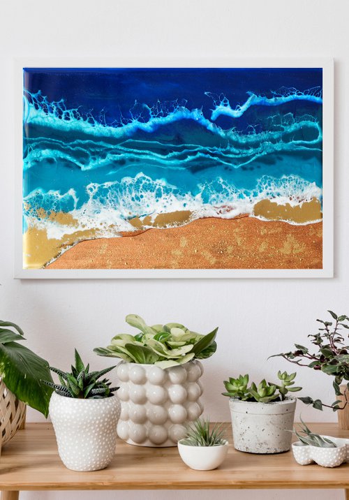 Gold sand beach - original seascape epoxy resin artwork by Delnara El
