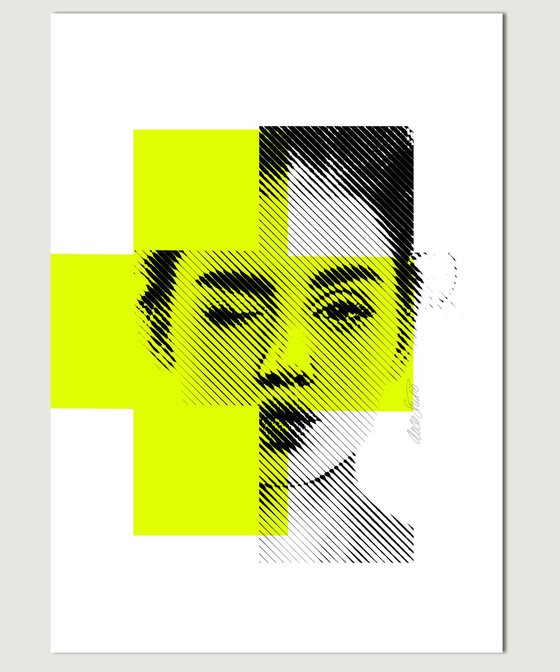 Biting lip in yellow Neon - Mixed media (42x59,4cm) - Including wooden Frame