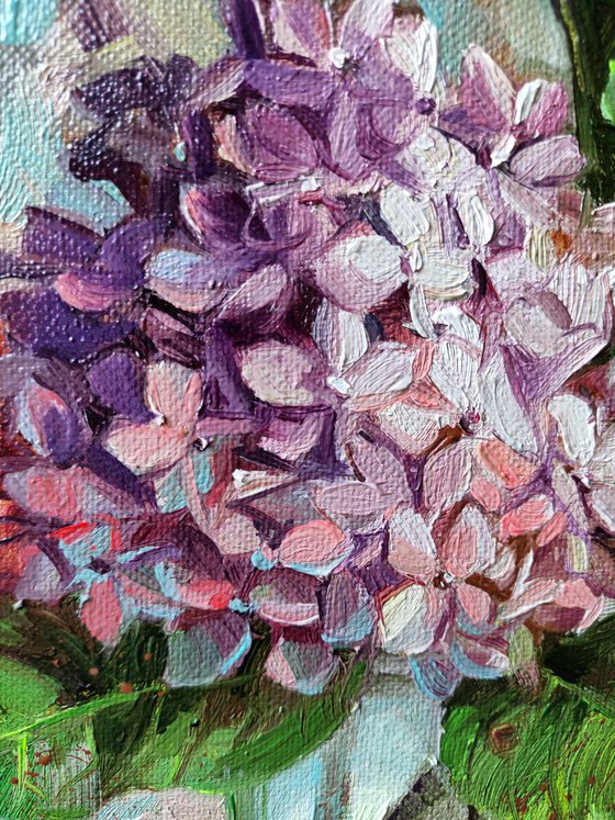 Hexagon oil painting hydrangea, Flowers painting original canvas art, Purple yellow Hortense in glass, Floral artwork oil