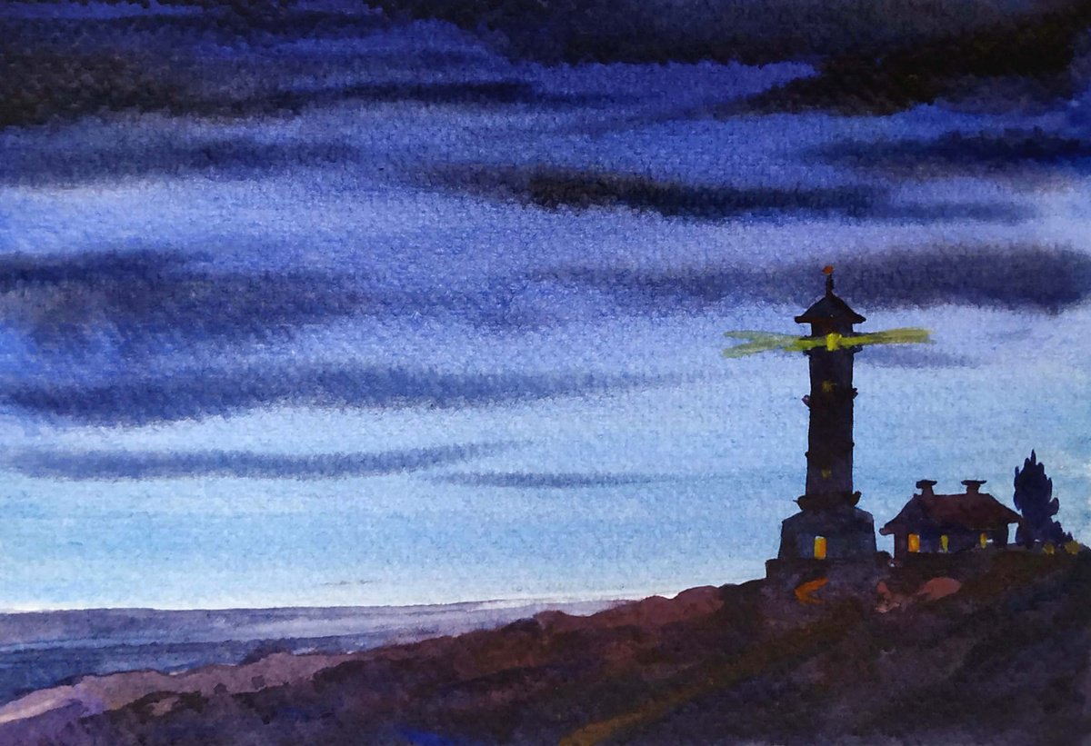 Impressionistic Landscape Watercolour By Samiran Sarkar, 11 X 8", Evening Lighthouse, Original Artwork