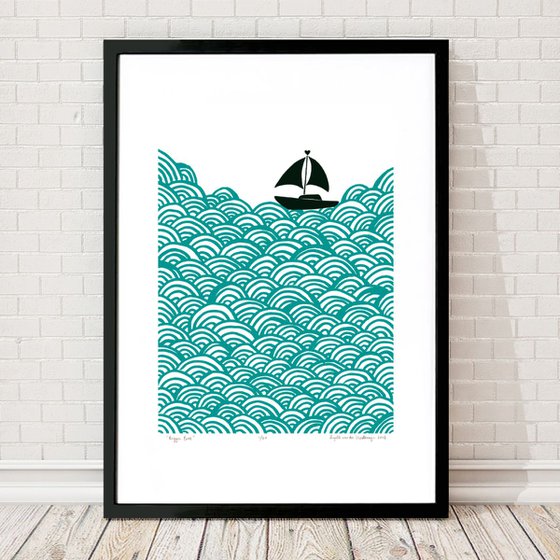 Bigger Boat A2 Size in Green Lagoon - Framed FREE UK Delivery