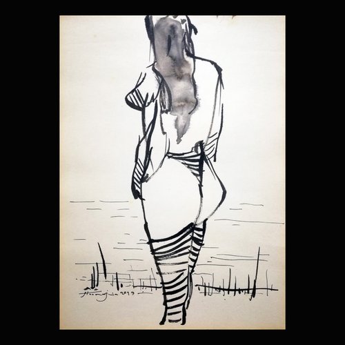 On the Beach, ink drawing on paper, 21x29 cm by Jamaleddin Toomajnia