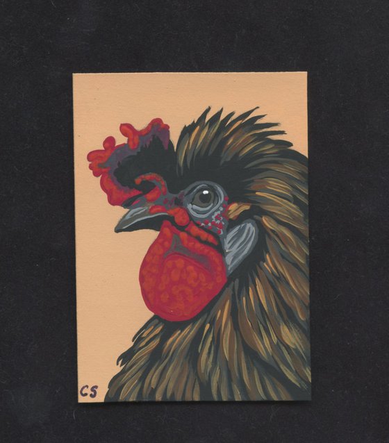 ACEO ATC Original Miniature Painting Fancy Brown Chicken Farmyard Art-Carla Smale