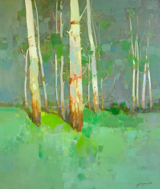 Birches in Cobalt, Landscape Original oil painting, One of a kind Signed