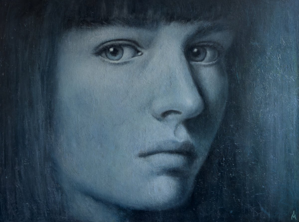 Surrealistic Portrait Oil Painting By Margarita Ivanova, 47 X 35", Blue Dream, Original Artwork