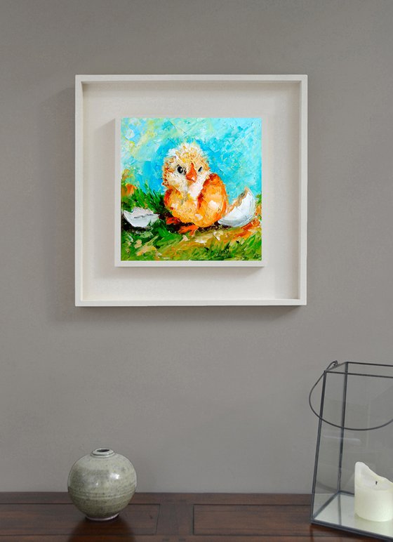 Happy birthday, Baby Chicks Painting Bird Original Art Farm Artwork Small Impasto Oil Wall Art