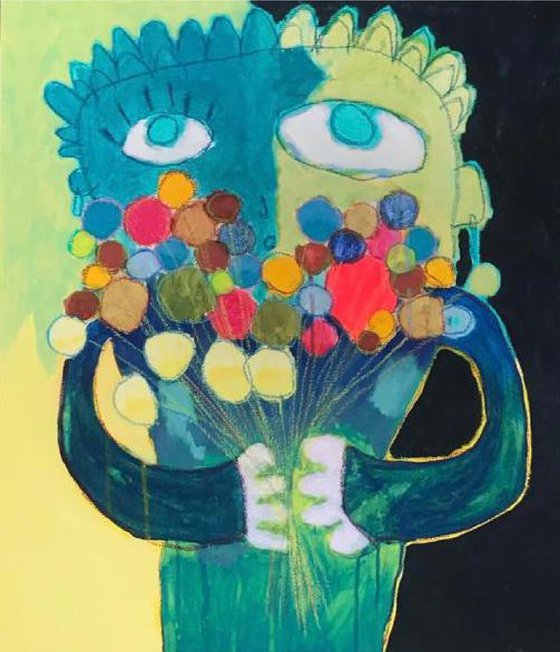 Blue and Yellow Character with Flowers