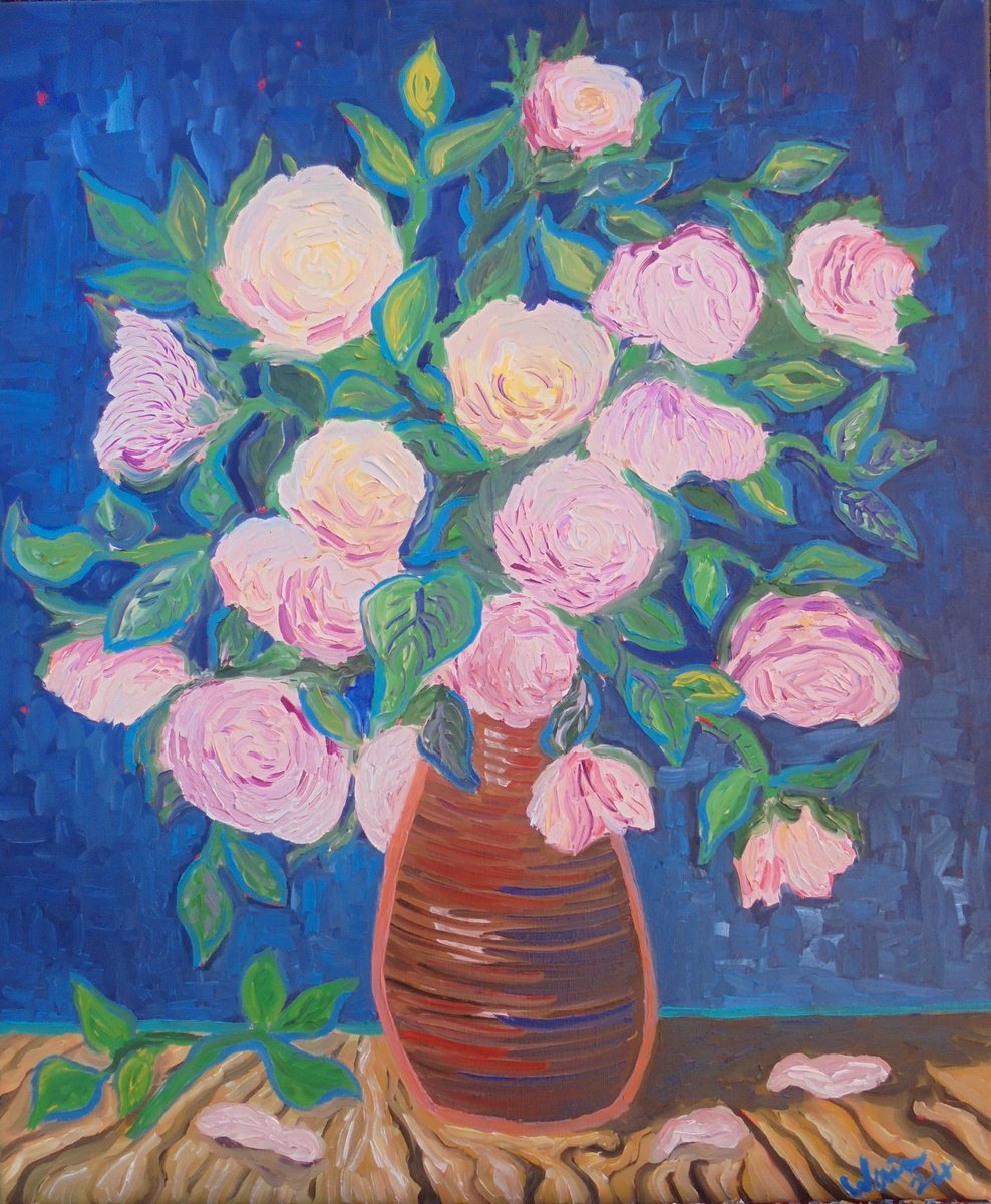 Expressive Botanical Oil Painting By Kirsty Wain, 20 X 24", Roses In A Vase, Original Artwork