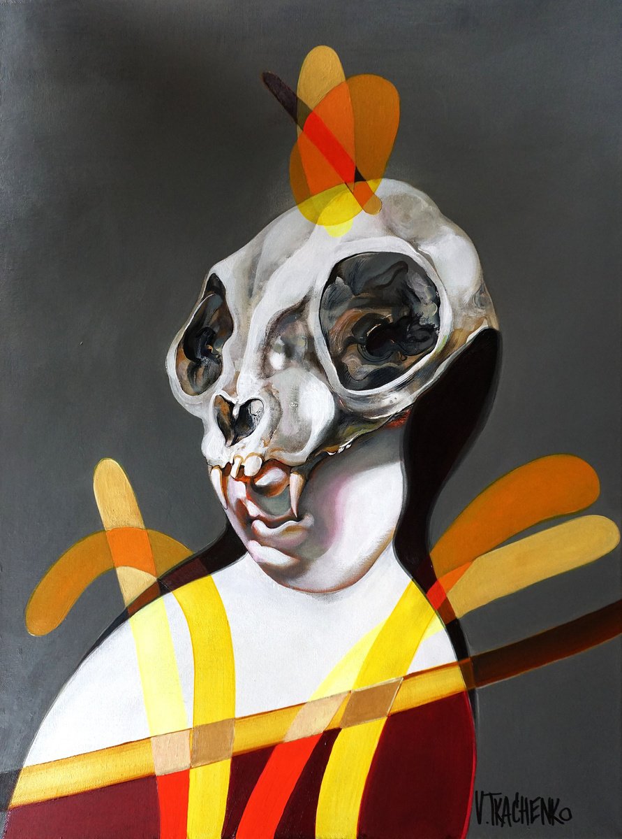 Organic Portrait Acrylic Painting By Victor Tkachenko, 18 X 24", Cat Woman In Disguise, Original Artwork