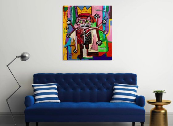 KING TROY the cat, ( 102 x 91 cm, 40 x 36 inches),  multi-armed, multitasking, inspired by Basquiat and Indian culture, solving the problems of the modern rapidly changing world in parallel and seamlessly