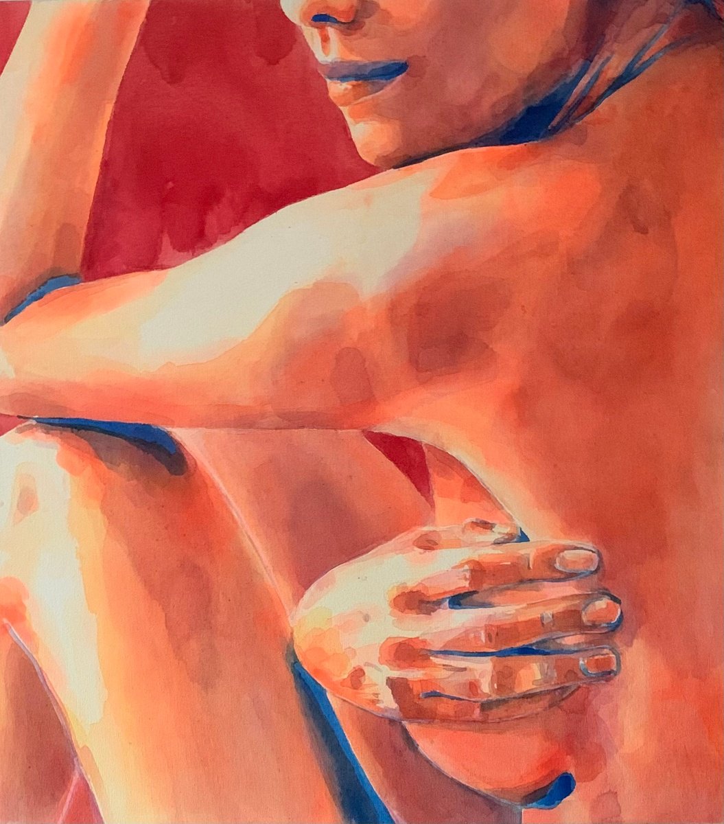 Expressive Portrait Acrylic Painting By Alina Lobanova, 31 X 35, Story About Love In Red Tones., Original Artwork