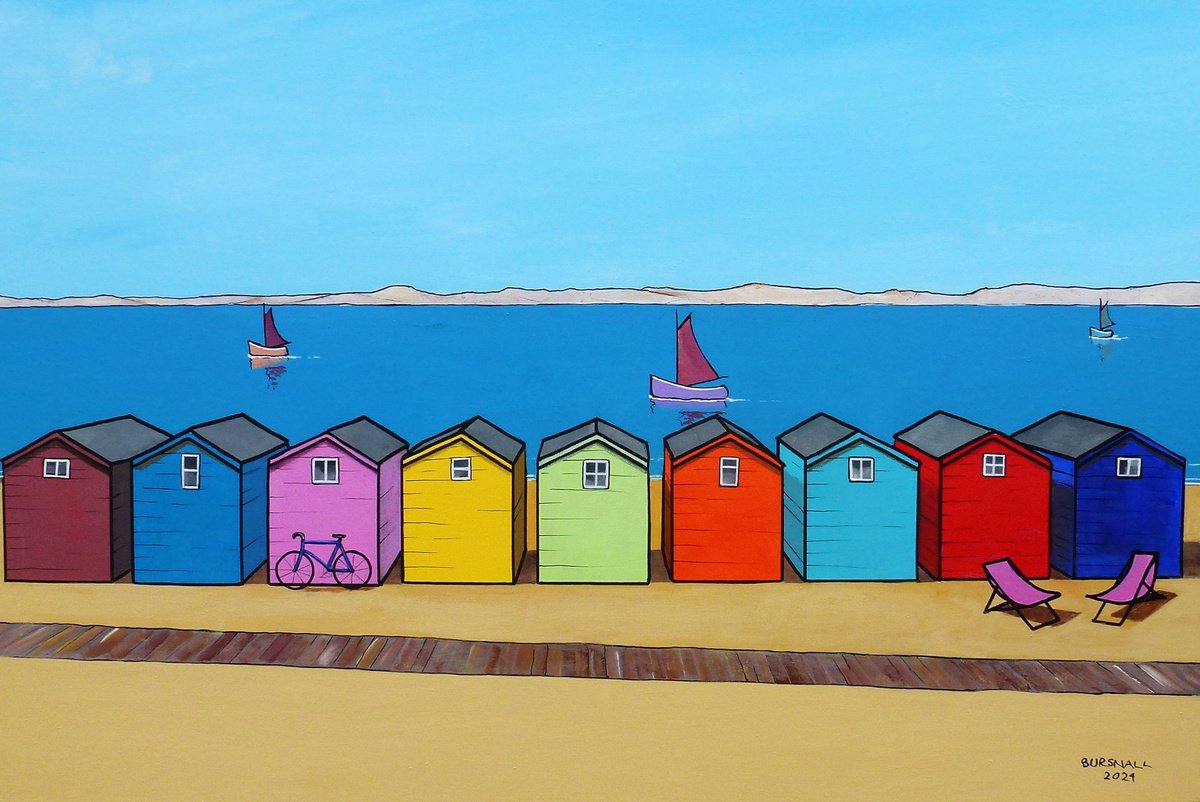 Naive Landscape Acrylic Painting By Paul Bursnall, 36 X 24", Perfect Day, Original Artwork