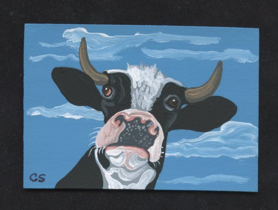 ACEO ATC Original Miniature Painting Black White Cow Farmyard Art-Carla Smale