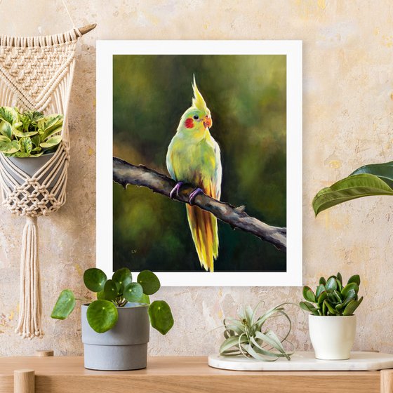 Yellow cockatiel on a branch