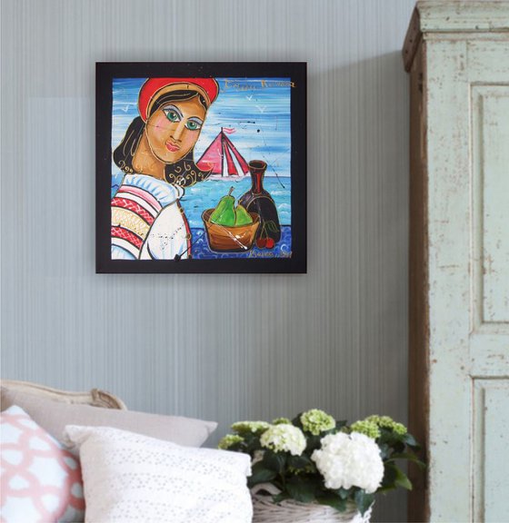 Portrait of the girl Romena painting nautical original decor art 35x35x4 cm stretched canvas acrylic wall art