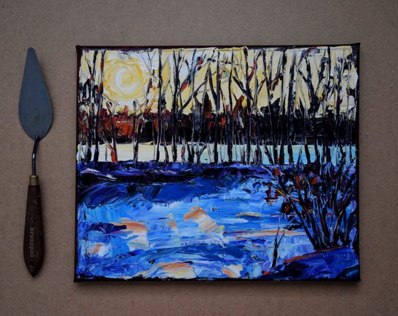 Christmas winter original oil painting on canvas, sunset forest river, snowy trees, cozy hygge gift