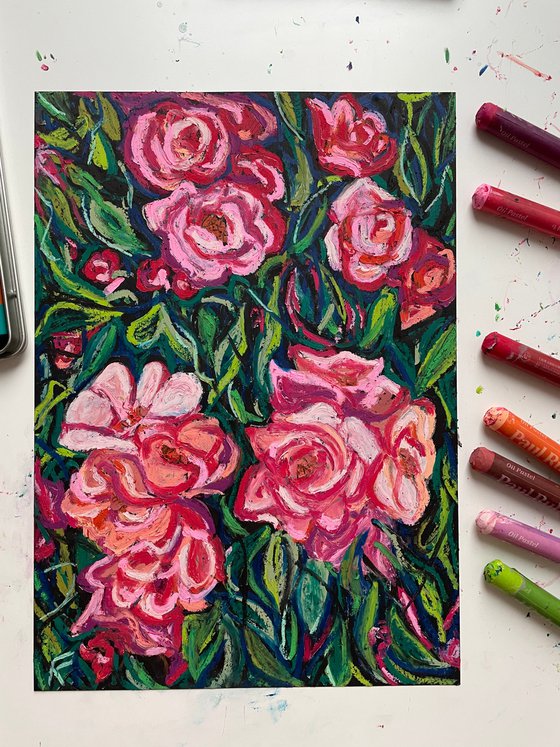 Rose Original Panting, Pink Flowers Oil Pastel Drawing, Gift for Her, Bright Colorful Wall Art