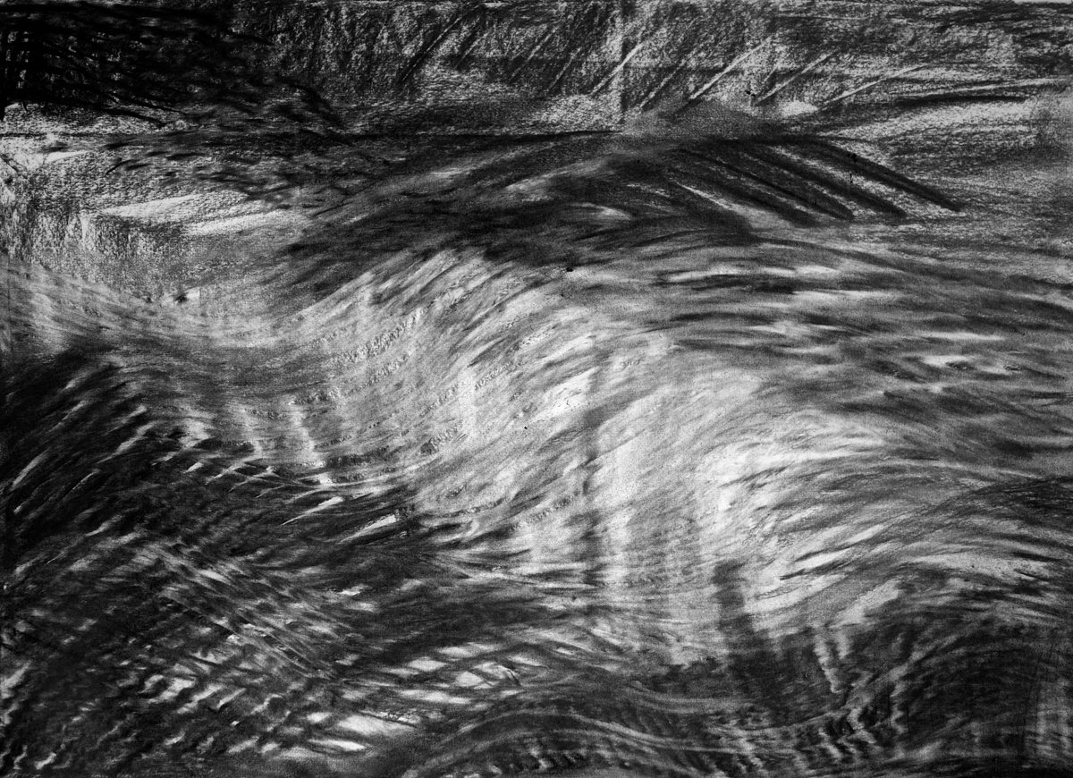 Expressive Abstract Charcoal Drawing By Elizabeth Anne Fox, 33 X 24, River Flow Patterns (Flood), Original Artwork