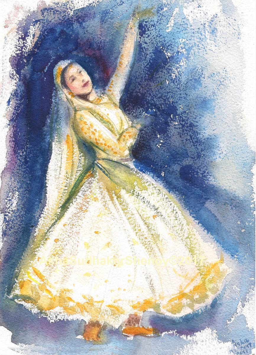 Indian Kathak Dancer Umrao Jaan Watercolor 11.25x 8.25 by Asha Shenoy