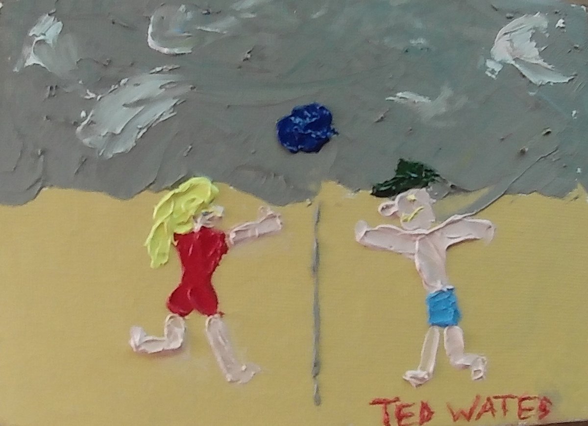 Naive Portrait Oil Painting By Ted Wates, 7 X 5", Beach Volleyball, Original Artwork