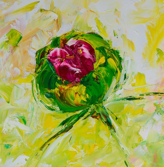 BRIGHT PEONIES - Summer day. Pink peonies. Lush buds. Abstract technique. Expressive landscape. Smile. Dawn.