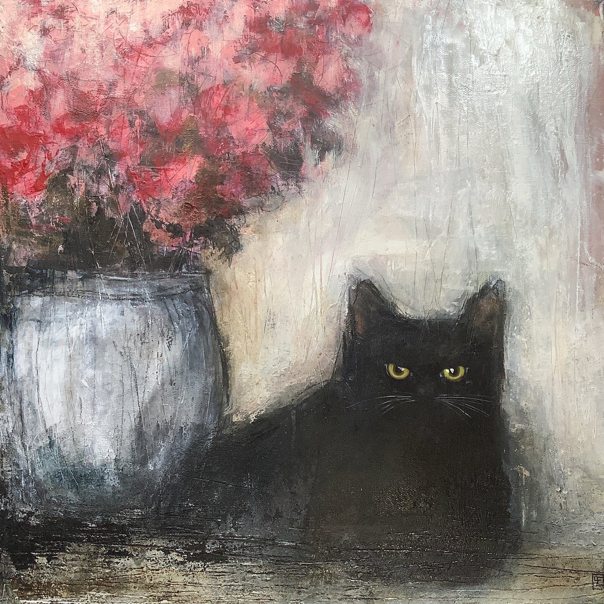 Acrylic Painting , Chat Noir By Eva Fialka, 16 X 16, Artwork For Sale On Artfinder