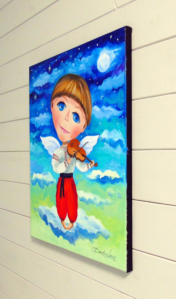 Impressionistic Portrait Oil Painting By Olha Darchuk, 16 X 20", Angel Violinist, Original Artwork