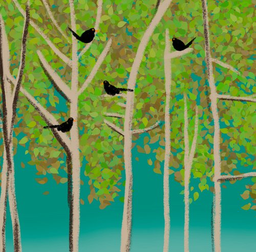 The Blackbirds , cute lovebird tree artwork by Stuart Wright