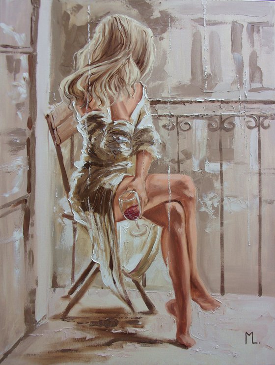 " RED WINE ... "-   liGHt  ORIGINAL OIL PAINTING, GIFT, PALETTE KNIFE nude WINDOW