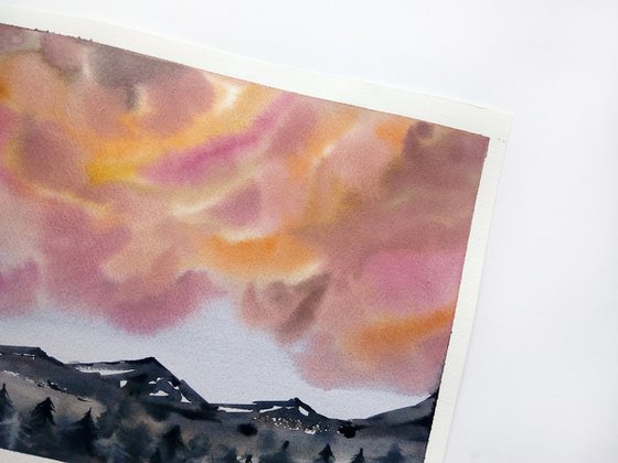 Mountain range art / Sunset clouds painting