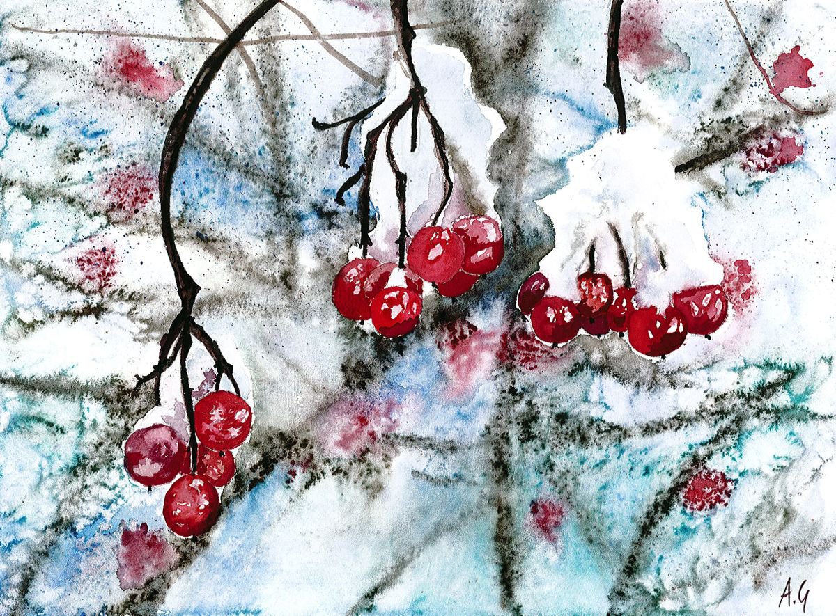 Impressionistic Landscape Watercolour By Aneta Gajos, 13 X 9, Winter Berry, Original Artwork