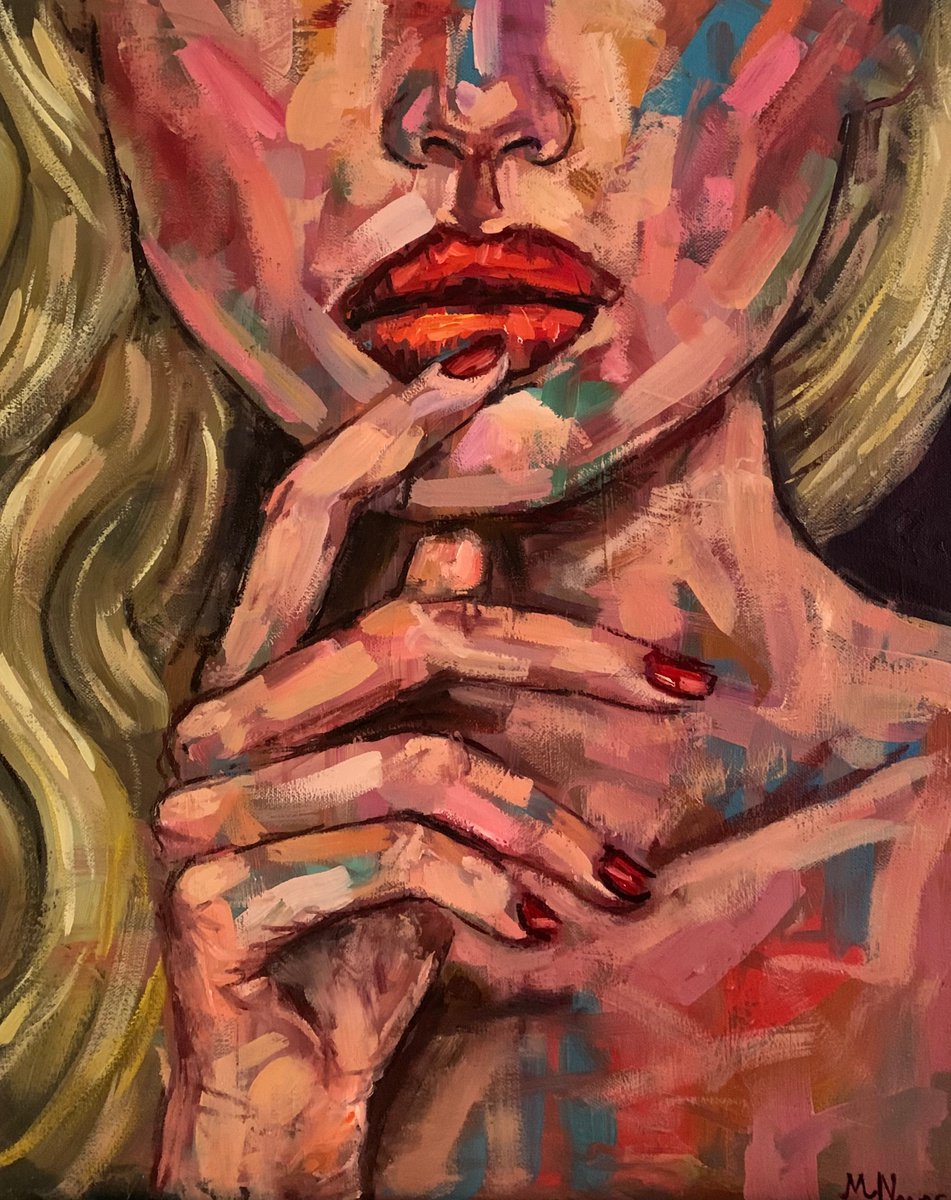 Expressive Portrait Oil Painting By Emmanouil Nanouris, 18 X 22, Red Nails, Original Artwork