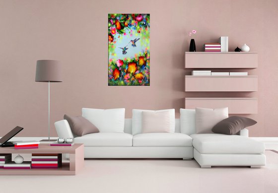 "Hummingbirds and Flowers" LARGE Abstract painting