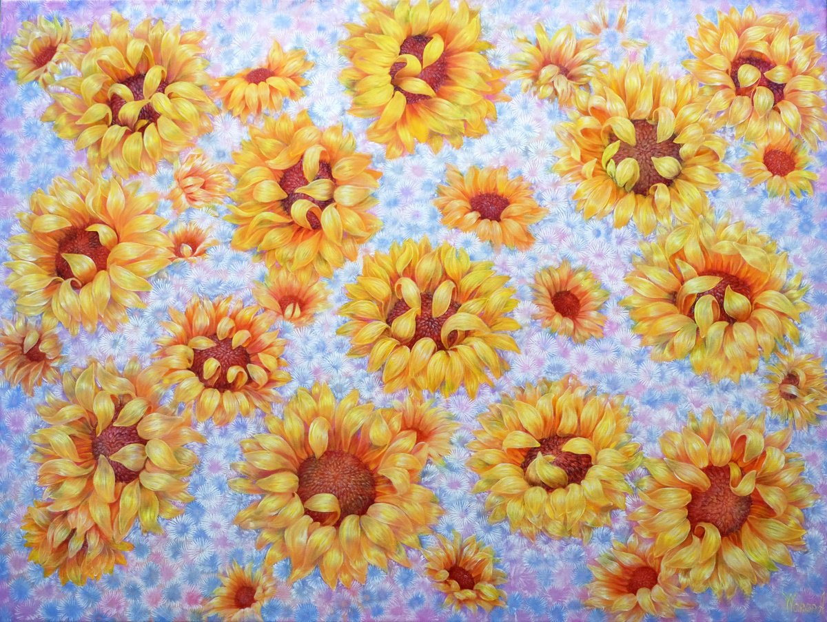 Impressionistic Botanical Oil Painting By Anastasia Woron, 31 X 24, Resplendent Sunflowers., Original Artwork