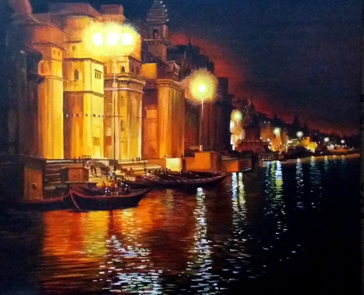 Impressionistic Cityscapes Acrylic Painting By Samiran Sarkar, 36 X 30", Silent Ghats At Varanasi, Original Artwork