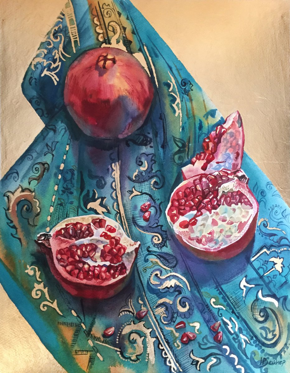 Pomegranates. Bright still life with red fruit. Pomegranate fruit by Natalia Veyner