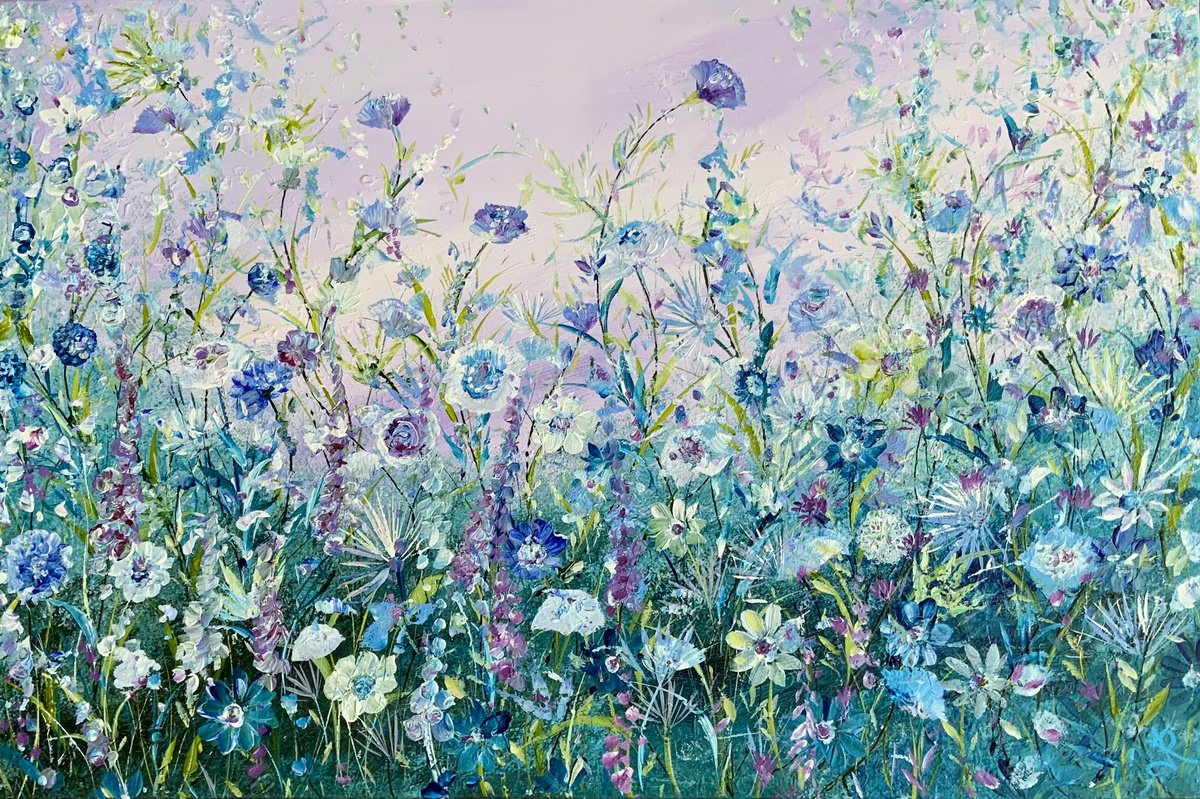 Expressive Botanical Acrylic Painting By Jan Rogers, 30 X 20, Lilac Haze Meadow, Original Artwork