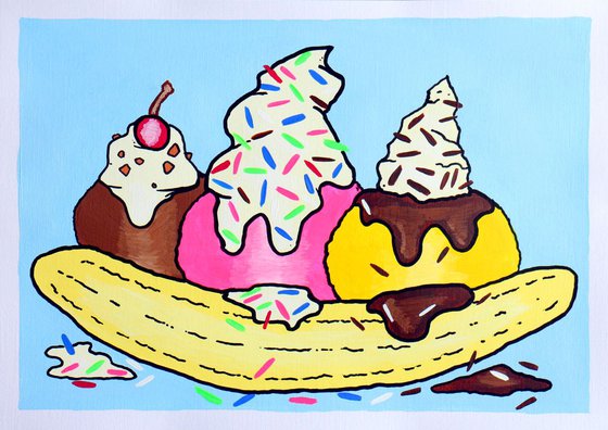 Banana Split Dessert Pop Art Painting On A4 Paper