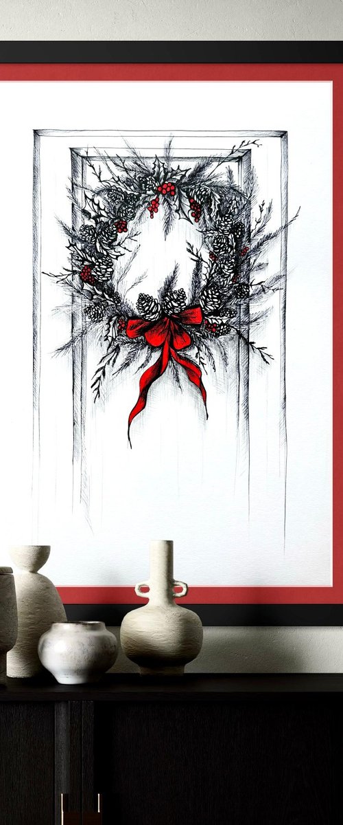 CHRISTMAS WREATH WITH A RED RIBBON by Maria Tuzhilkina