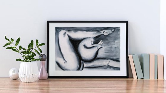 Female Nude Painting Original Art Cat Painting Woman Nude Black Monochrome Wet on Wet Watercolor Artwork Home Wall Art 17 by 12" by Halyna Kirichenko