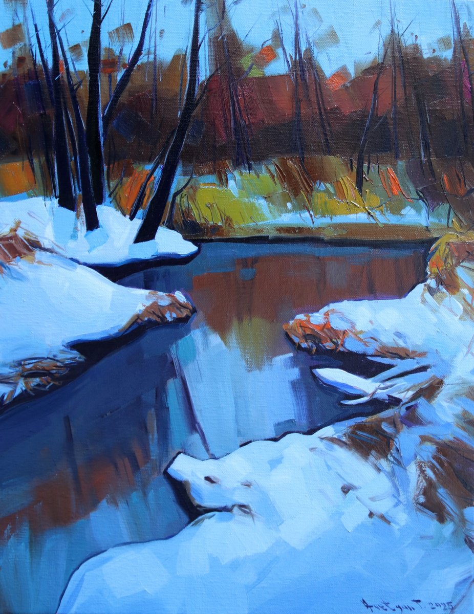 Expressive Landscape Oil Painting By Tigran Avetyan, 14 X 18", Winter Day, Original Artwork